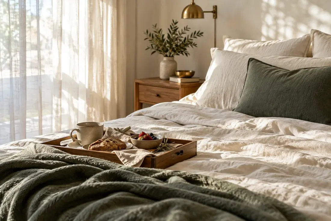 Ambientación ilustrativa de descanso con cama de lino y desayuno