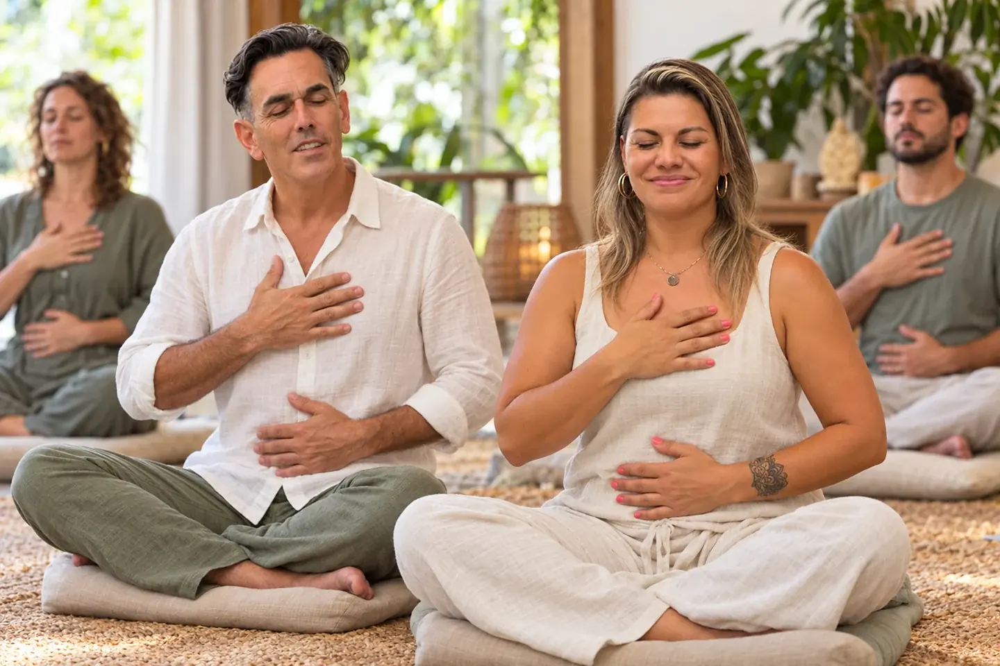 Recreación ilustrativa de Breathwork grupal con IA